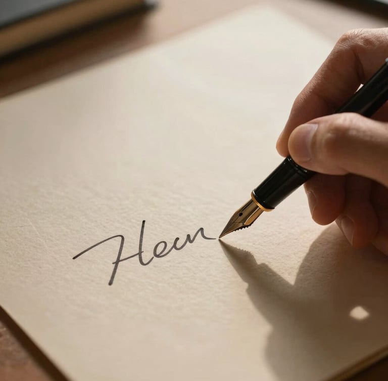 Environmental close-up of hands signing heavy textured paper with a classic fountain pen, warm directional light casting deep shadows.