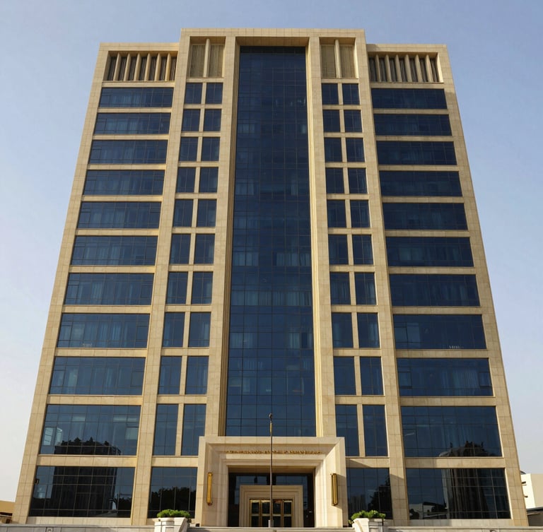 Dignified architectural view of the Central Bank of the UAE headquarters in Abu Dhabi, crisp daylight, professional architectural lens, deep navy and gold tones