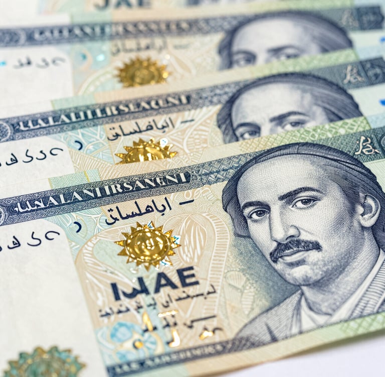 Macro photograph of security features on official UAE banknotes, sharp focus on intricate gold foil and holographic elements, crisp daylight, high-contrast institutional lighting.