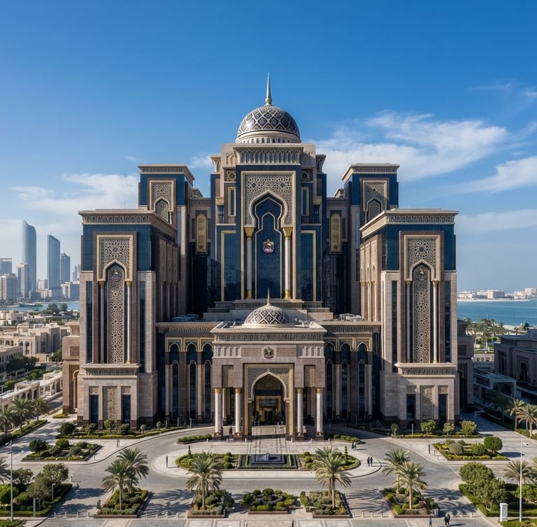 Stately architectural view of the Central Bank of the UAE headquarters in Abu Dhabi, crisp daylight, sharp focus, professional architectural lens, deep navy and gold tones