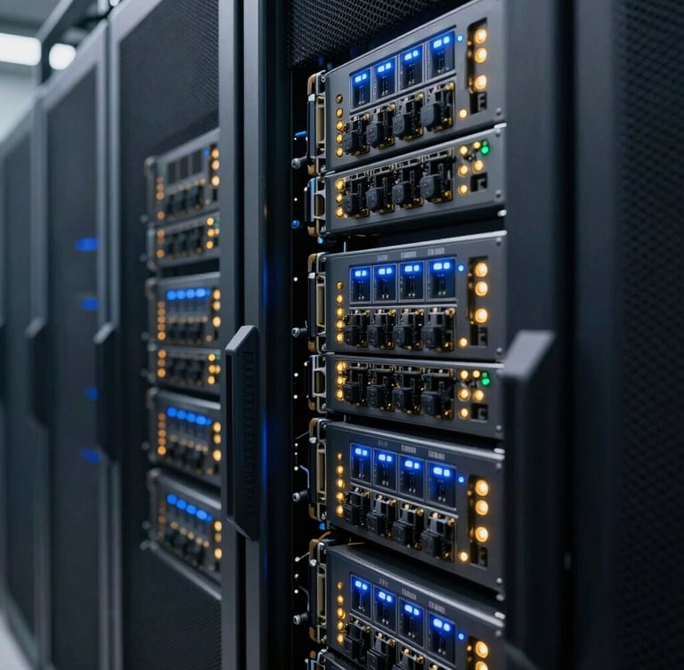 A high-resolution close-up of secure digital payment infrastructure servers, glowing blue and gold indicator lights, sharp focus, professional architectural lens