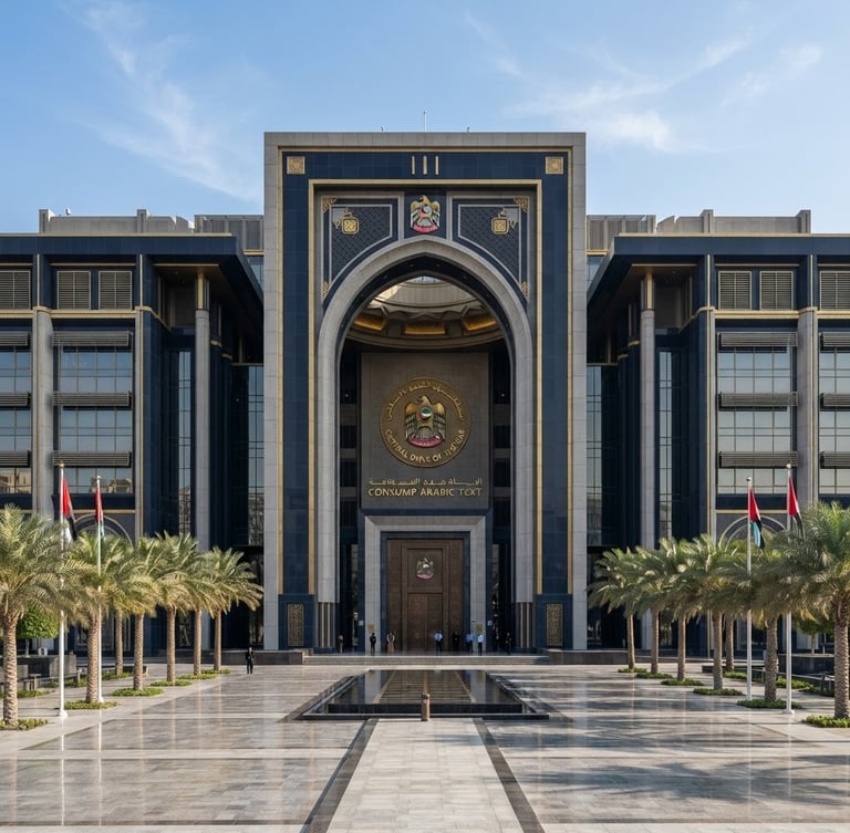 Symmetrical architectural view of the Central Bank of the UAE headquarters in Abu Dhabi, crisp daylight, stately institutional facade with deep navy and gold tones, professional architectural lens.
