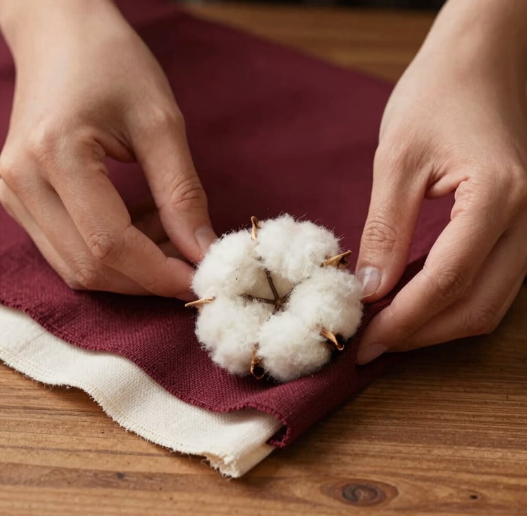 Hands gently feeling the texture of raw unbleached cotton fabric on a wooden table, warm natural side lighting