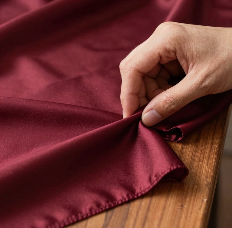 Macro shot of hands measuring a bolt of rich maroon silk fabric on a wooden counter, warm directional light, soft dust particles, elegant editorial style
