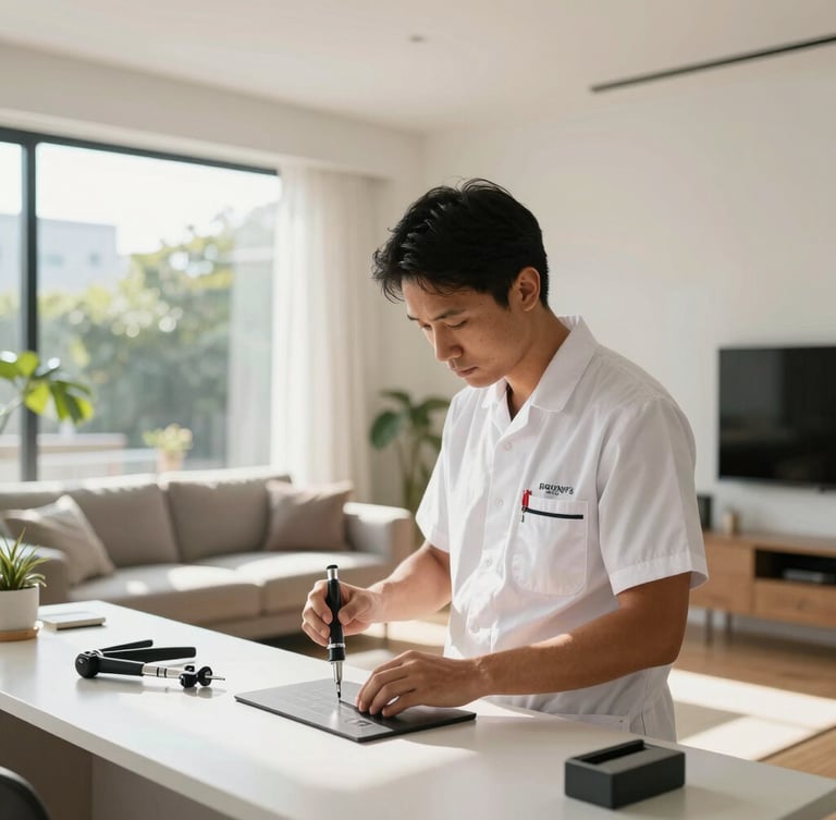Uniformed technician with clean modern gear using precision tools in a pristine, sunlit Cidade Jardim living room, wide architectural framing, bright natural daylight.