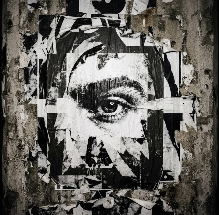 Extreme close-up of a high-contrast street poster campaign plastered on a gritty concrete wall, hard direct flash, deep shadows, raw 35mm film texture.