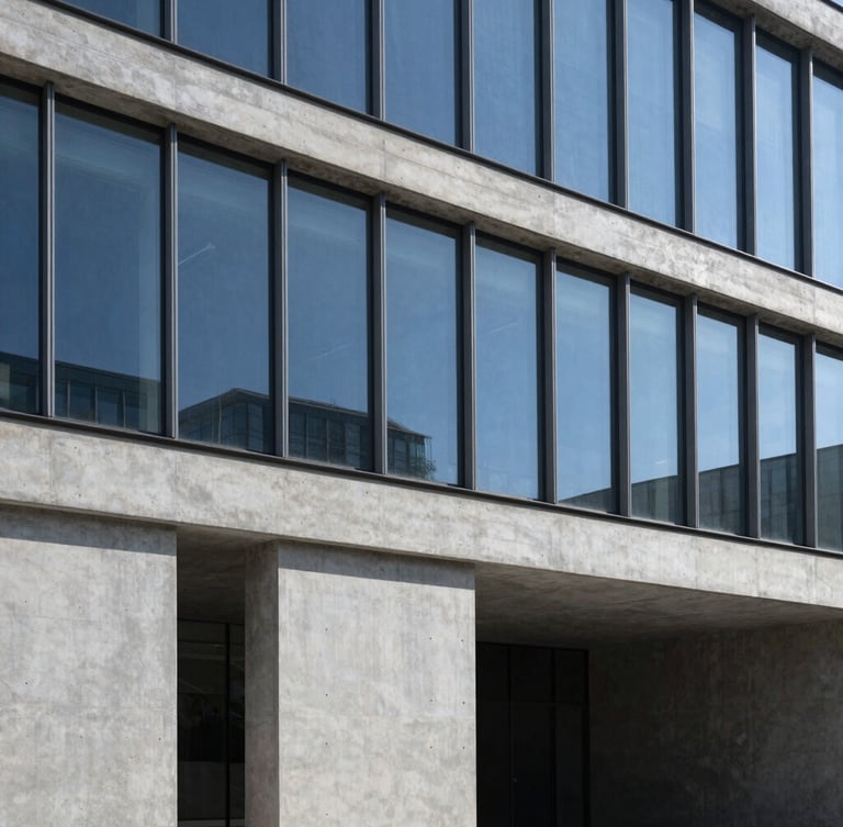 Sleek architectural photography of a modern concrete and glass security headquarters facade, sharp daylight, deep shadows, 35mm