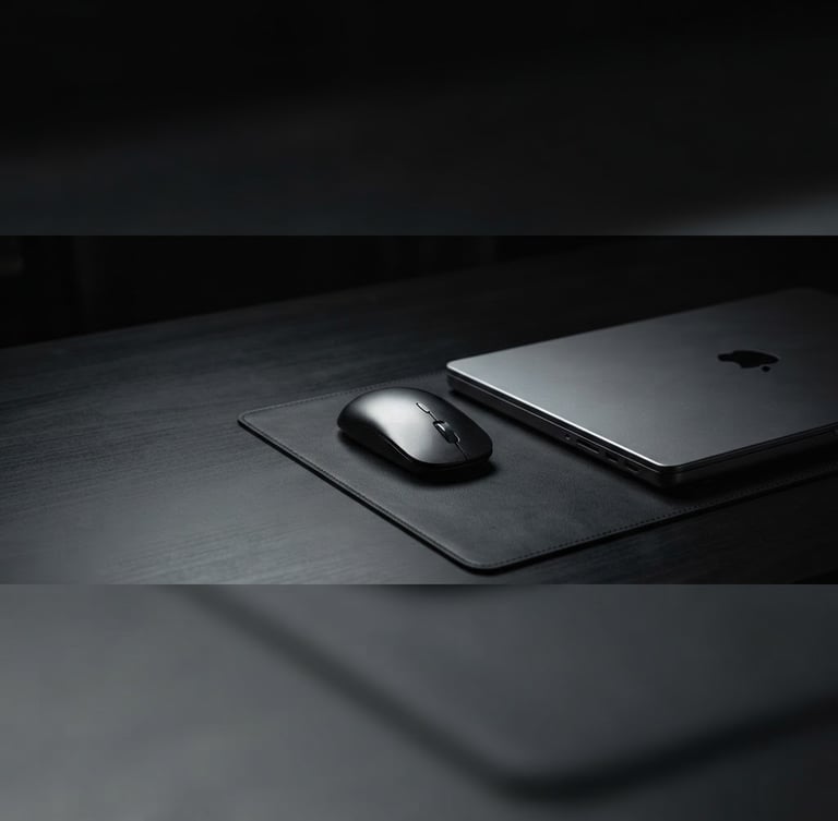 Sleek, minimalist desk setup with a high-performance laptop and a precision-milled mouse, bathed in dramatic low-key studio lighting, sharp focus on the metallic textures, expansive negative space, 21:9 panoramic frame, laptop on the right third, dark charcoal tones.