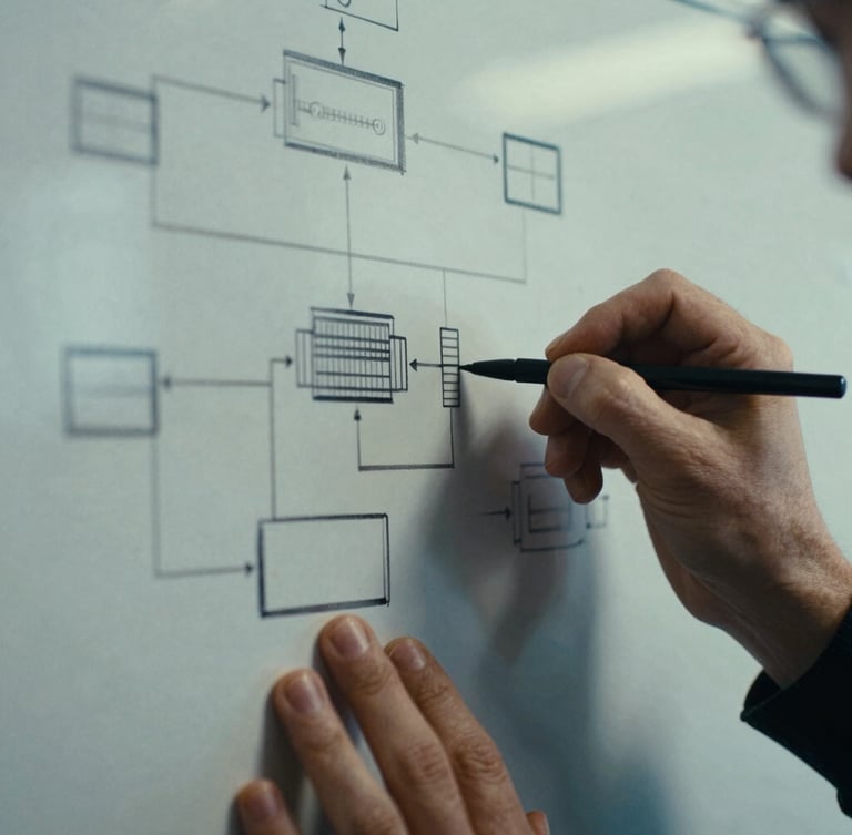Extreme macro detail of hands sketching complex system architecture on a physical whiteboard, high-contrast natural light, 35mm film.