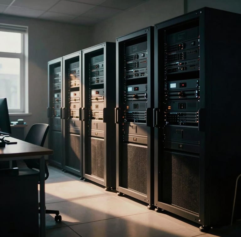 Cinematic wide shot of a modern, high-contrast workspace with warm light casting deep shadows over organized server racks, 35mm film style.