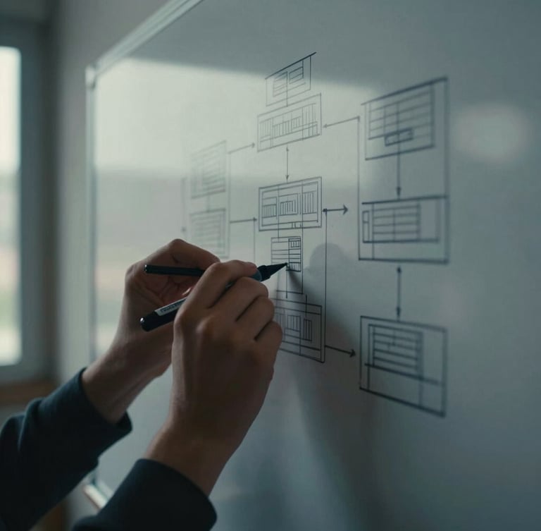 Close-up of hands sketching system architecture on a physical whiteboard, sharp charcoal marker lines, moody natural light from a side window, 35mm film