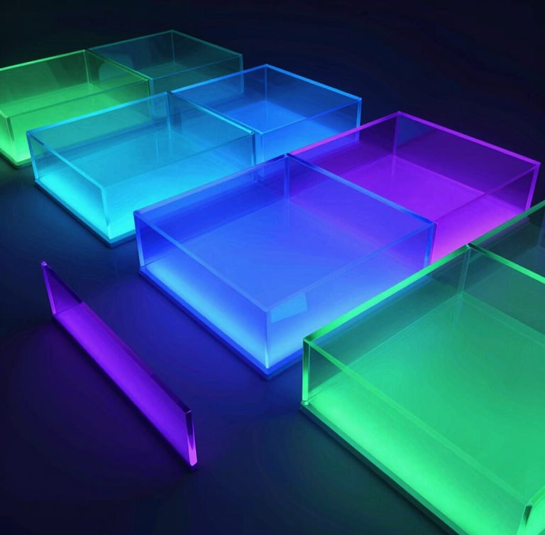 Wide-angle abstract digital landscape, 3D render of glowing layered glass sheets in electric blue, violet, and emerald, dark background, cinematic lighting, octane render style
