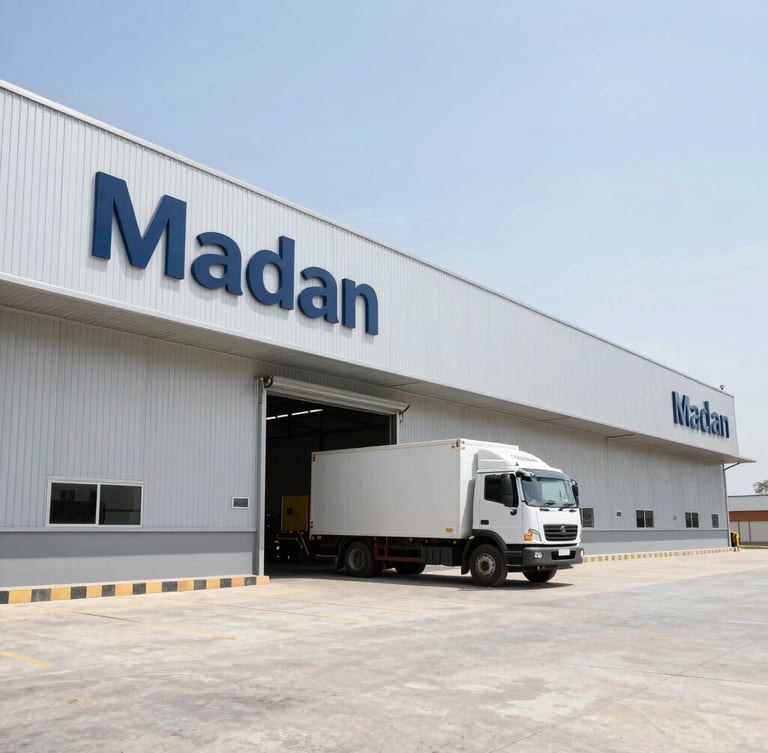 Wide shot of Madan Enterprises warehouse exterior in Udaipur, modern architecture, bright daylight, clear sky, with a truck parked for loading.