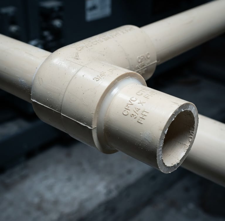 Macro close-up of a perfectly joined CPVC pipe fitting, showing precise engineering and industrial-grade wall thickness, under crisp studio lighting with high-contrast cool tones.