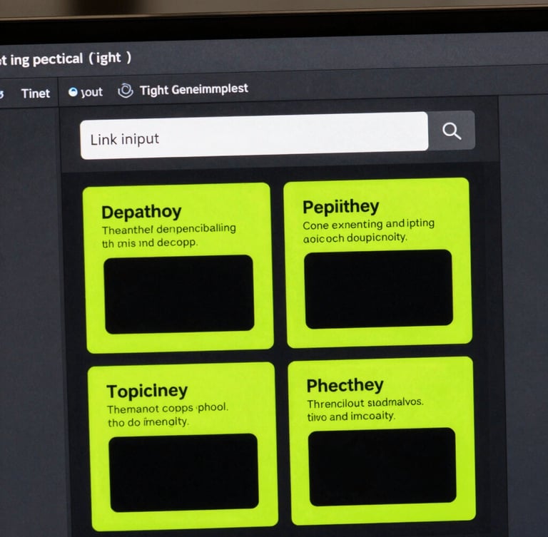 Tight technical crop of the software interface, showcasing the product link input field and the instant generation of four psychology-driven copy blocks, glowing electric lime on a dark screen.