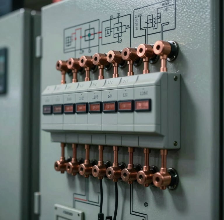 Macro close-up of a heavy-industrial electrical control panel with complex wiring schematics and copper terminals under cool technical light