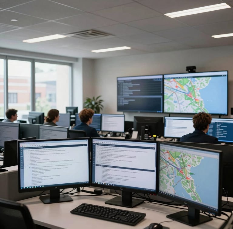 Wide environmental shot of a modern, quiet digital newsroom in Madrid, rows of flat screens displaying raw text feeds and geographic maps, natural unpolished office lighting, realistic daylight through window.