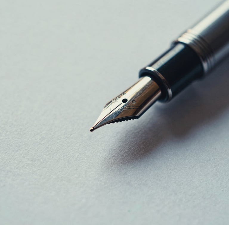 Macro close-up of a fountain pen tip resting on thick textured paper, sharp black ink lines, soft diffused daylight, minimalist Swiss aesthetic, 35mm film grain.