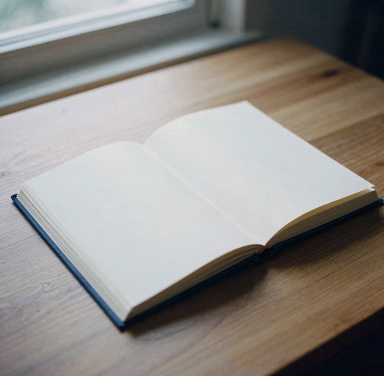 An open, cloth-bound personal archive book on a heavy oak table, soft overcast daylight from a window, muted paper tones, deep blue shadows, 35mm film grain.