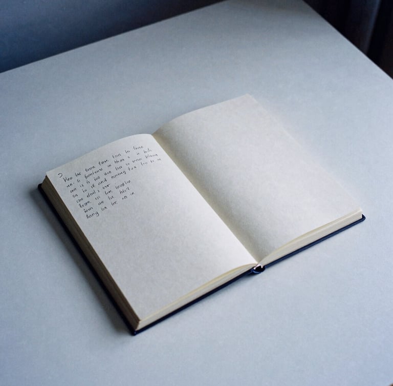A minimalist desk setup with an open notebook showing handwritten edits, soft overcast daylight, muted paper tones with deep blue shadows, 35mm film grain