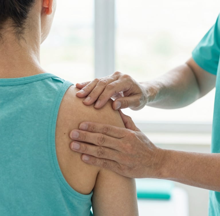 Close-up of a physiotherapist's hands performing precise joint mobilization on a patient's shoulder, bright clinical setting, soft daylight