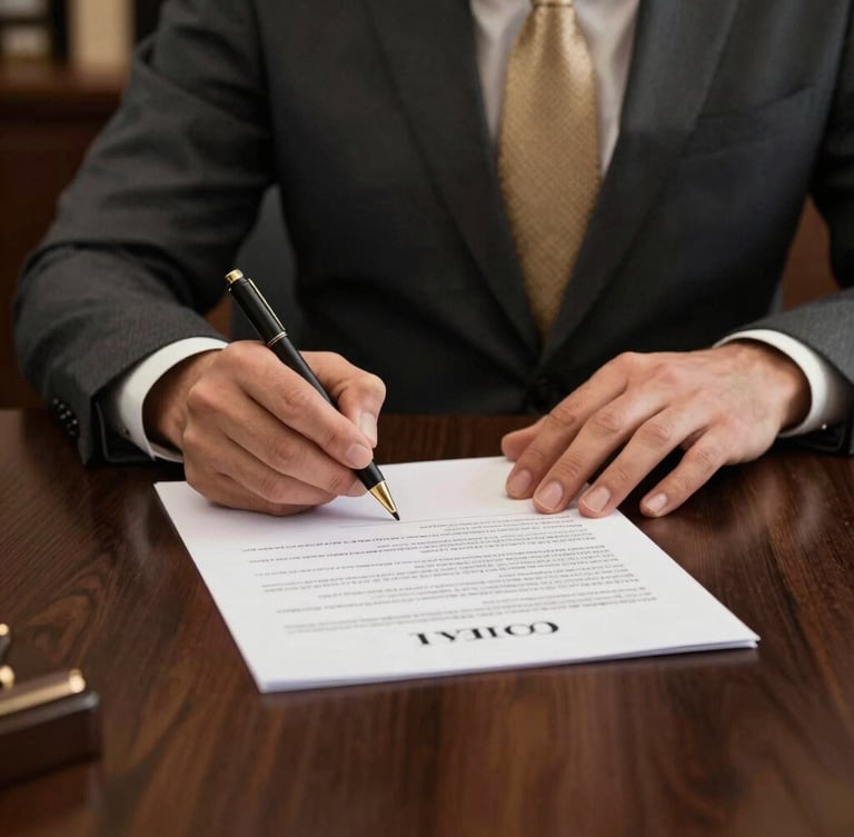 Close-up of elegant hands signing a legal document on a dark wooden desk, warm side lighting, high-end corporate office atmosphere.