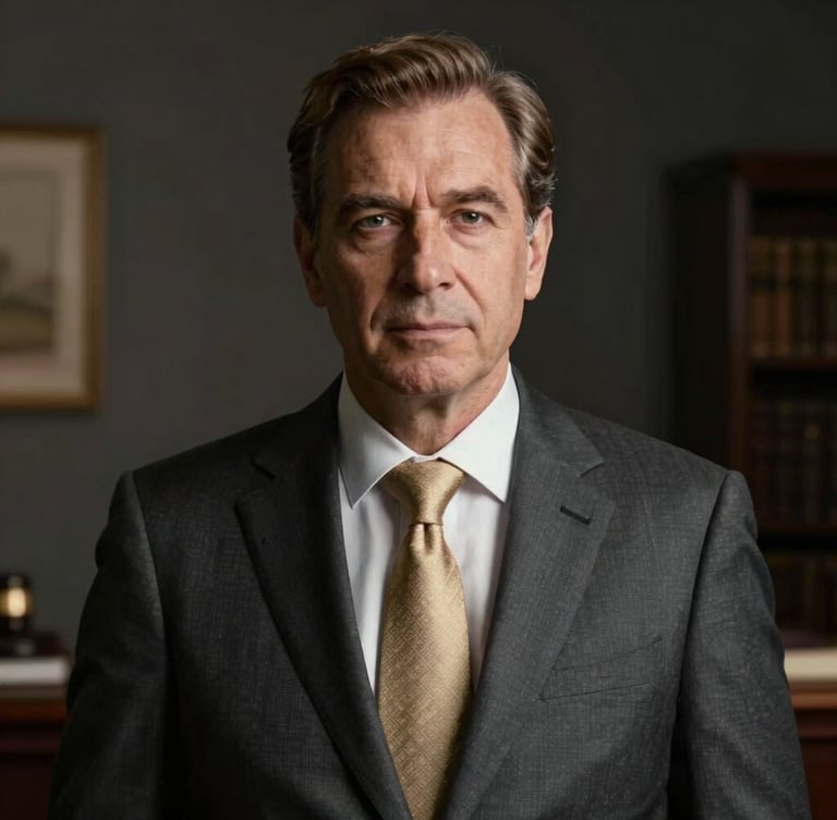 Medium close-up portrait of a distinguished lawyer in a dark graphite tailored suit, low-key dramatic studio lighting, soft dark office background, warm champagne gold highlights.