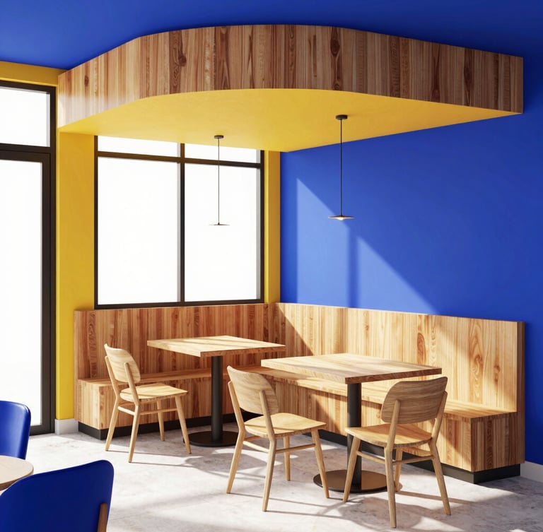 Crisp front-on editorial photo of a modern, stylish Malaysian cafe interior, warm timber accents, clean geometric design, bright natural daylight streaming through large windows, high-contrast