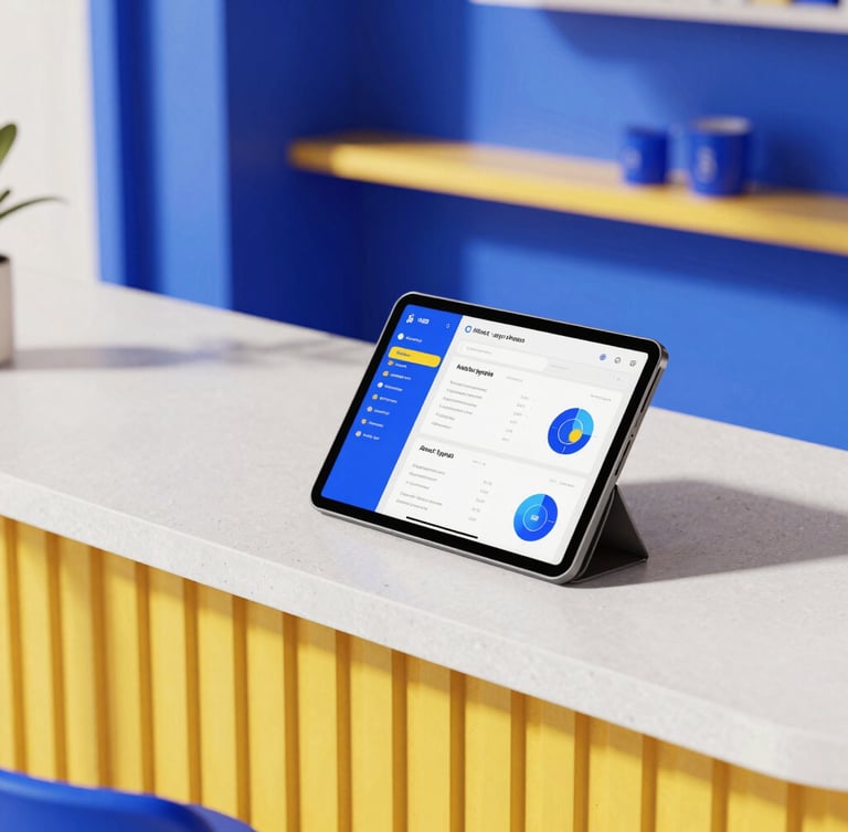 A vibrant modern Kuala Lumpur cafe interior, high-end editorial framing, active digital tablet on the counter displaying a clean business dashboard, warm natural light with saturated color accents.