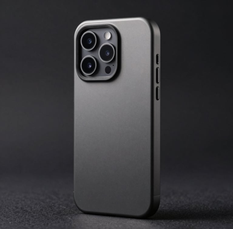 Crisp studio product photography of a dark charcoal aluminum smartphone case, dramatic directional lighting, desaturated background, showing high-contrast metal textures and precise cutouts.