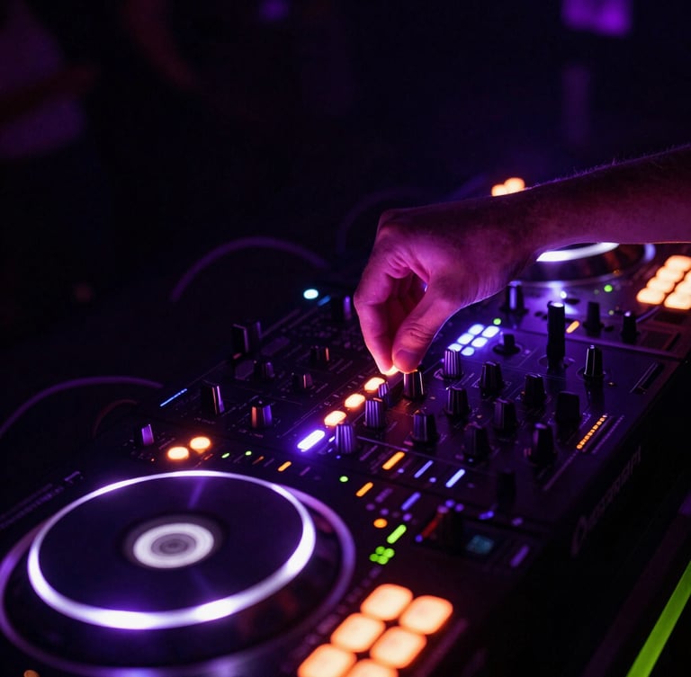 Close-up of glowing DJ decks with neon violet LED lights, a hand adjusting a dial, high-contrast flash photography, dark club environment, dynamic angle
