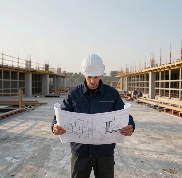 Symmetrical medium shot of an engineer in a dark blue jacket holding technical blueprints on a clean, modern concrete construction site, soft diffused daylight