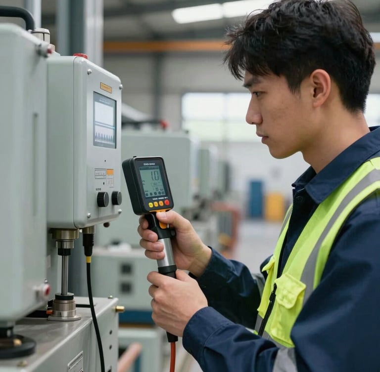Close-up of a certified engineer in high-visibility safety gear checking industrial equipment with a digital measurement tool, sharp focus, natural warehouse daylight, cool steel tones