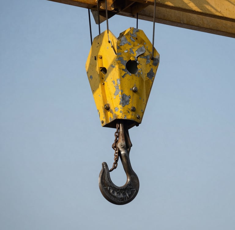 Close-up of an industrial crane hook holding a heavy steel load, yellow paint chipped, industrial chains, crisp focus, cool steel tones.