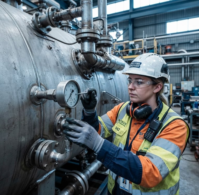 Close-up of a certified engineer in high-visibility safety gear inspecting a massive steel pressure vessel, measuring pressure gauge, cool industrial lighting, sharp focus