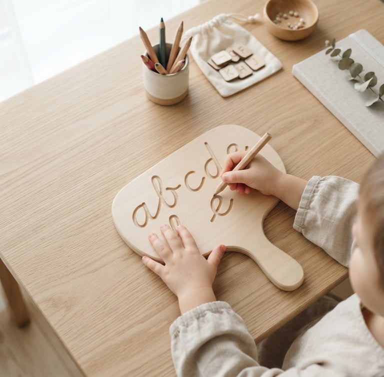Bright overhead flatlay of minimalist learning materials on a light wood table, little hands tracing letters with a wooden pencil, soft natural daylight, 35mm