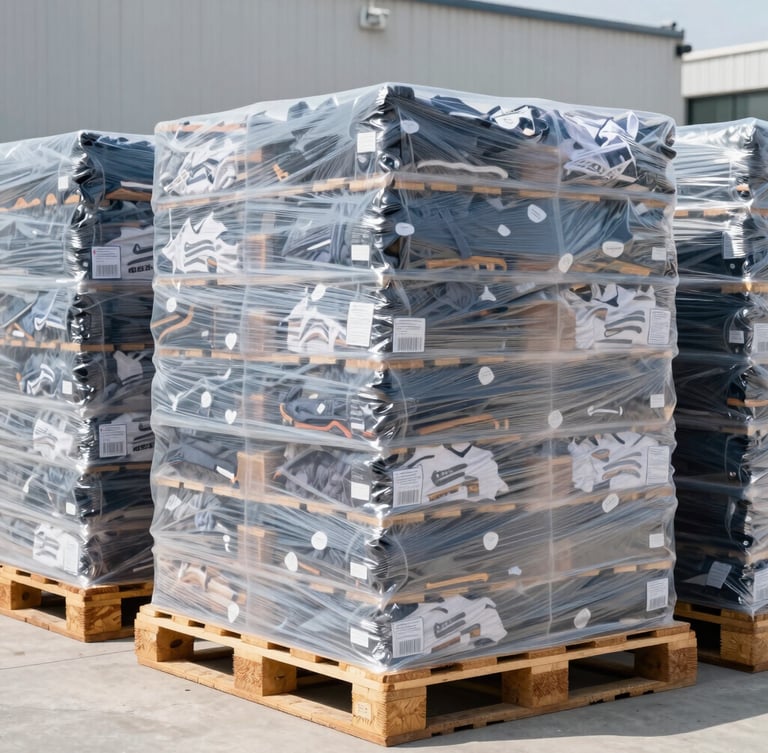 Bright commercial photography of a clean warehouse setting with neatly stacked, shrink-wrapped pallets of branded clothing under crisp daylight, 35mm lens