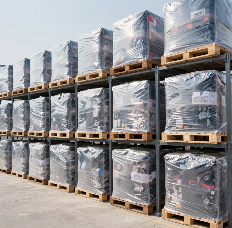 Wide environmental warehouse shot showing organized tall racks filled with shrink-wrapped clothing pallets under bright daylight, crisp commercial style.