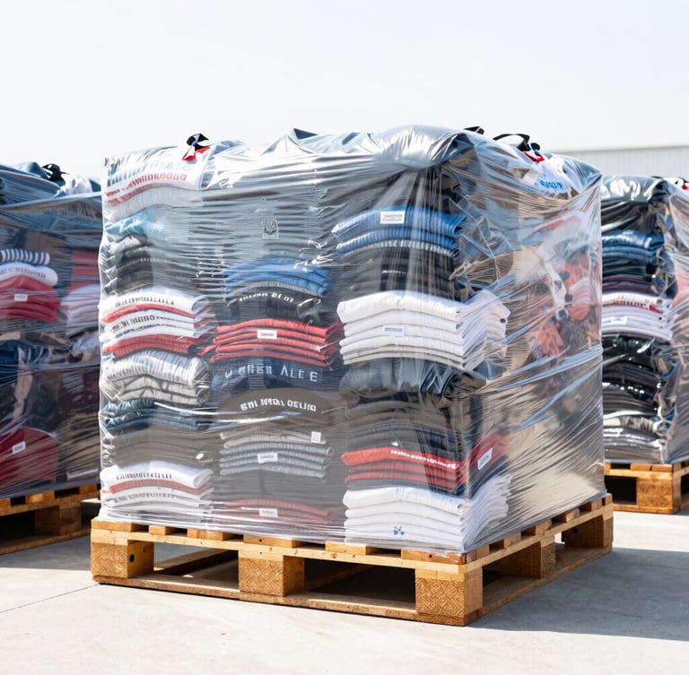 Straight-on medium shot of a neatly shrink-wrapped pallet of branded clothing inside a bright, daylight-lit warehouse, high-contrast commercial photography.