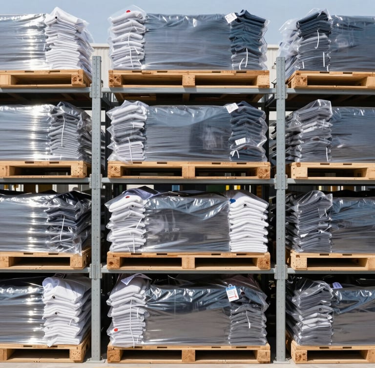 Straight-on medium shot of organized warehouse racks with neatly sorted apparel pallets, bright daylight, high-contrast commercial photography.
