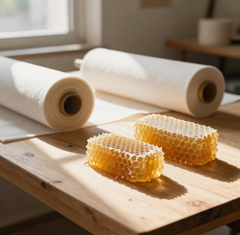 Sunlit artisanal workshop in Guadalajara, rolls of cotton fabric, blocks of golden honeycomb on a clean wooden table, warm morning light