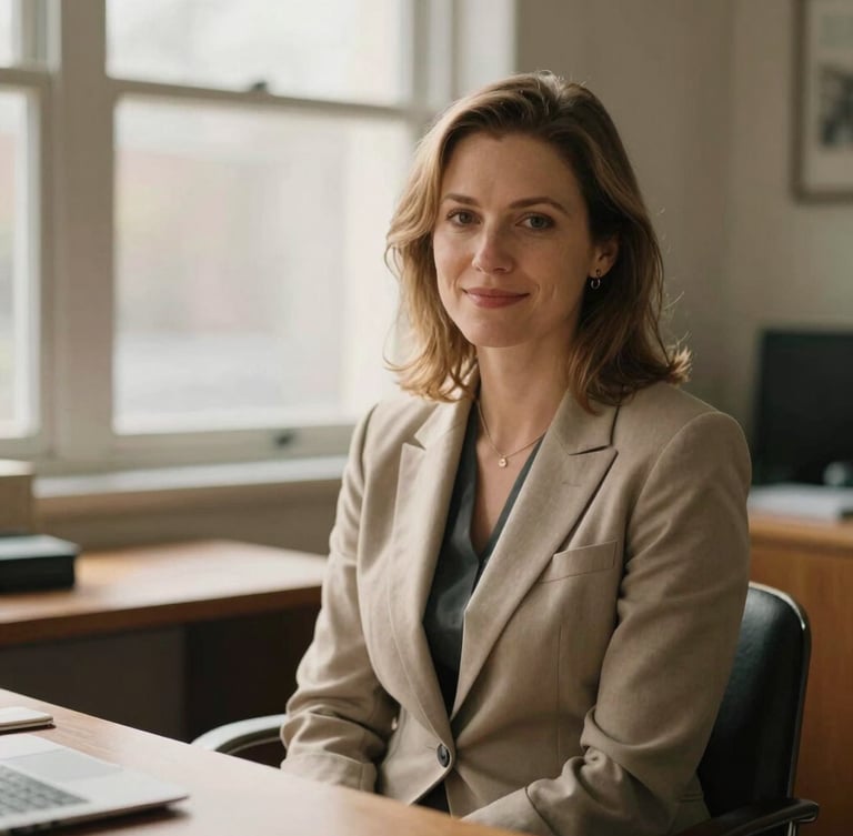 Warm editorial portrait of Kari Scinski, a Nurse Practitioner in a soft tailored blazer, sitting in a warm sunlit office with a wooden desk, smiling gently, 35mm photography.