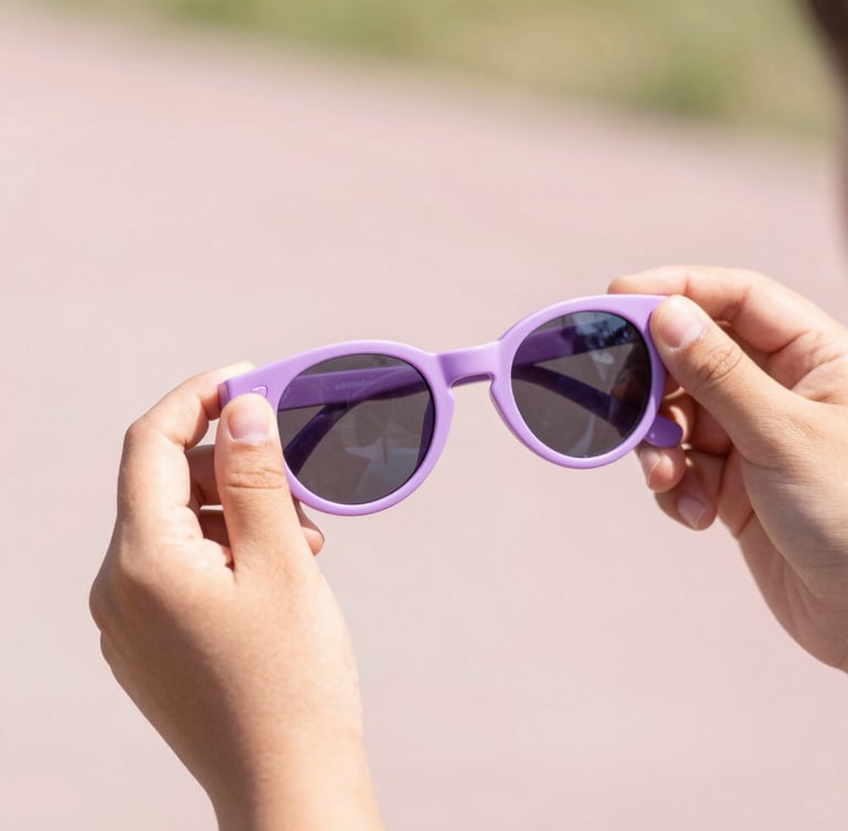 Hands gently flexing a highly flexible lilac children's sunglasses frame, showing playground-proof durability, bright natural light, soft pastel background, macro shot
