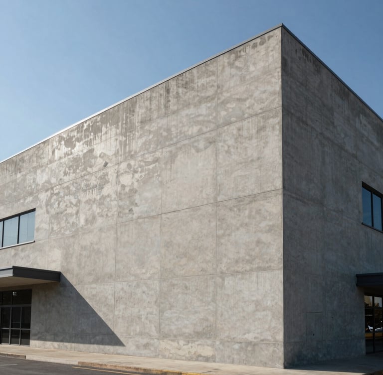 Wide-angle architectural elevation of a massive concrete commercial building under harsh midday sun, casting deep geometric shadows across its raw-cement gray facade.