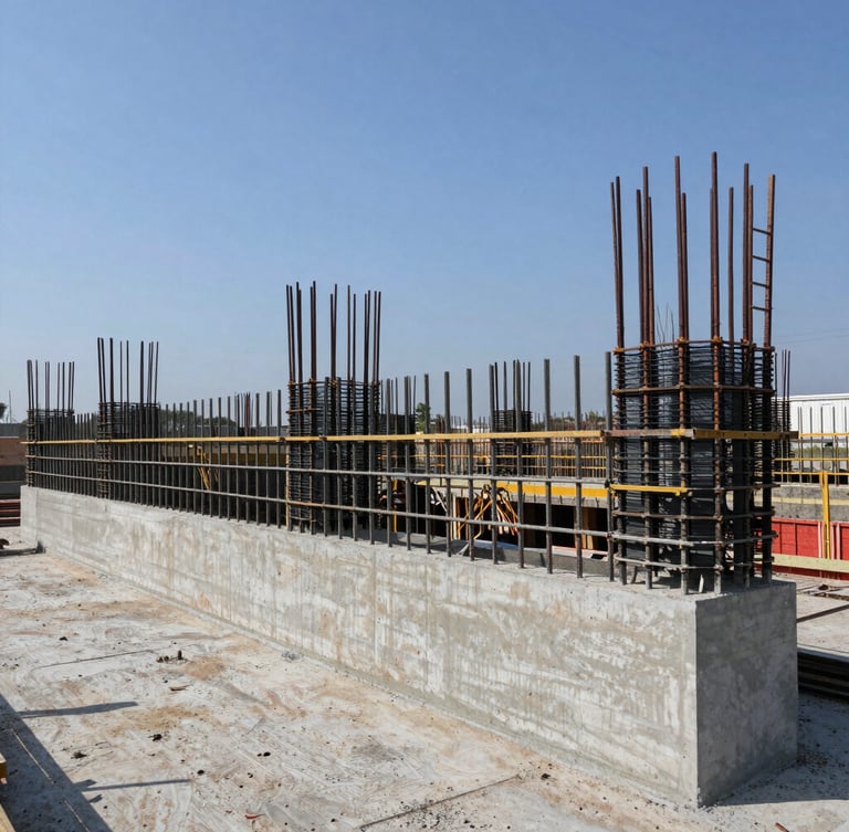 Wide panoramic shot of active concrete formwork on a commercial site, harsh midday sun highlighting crisp structural lines and raw material texture, generous negative space on the left