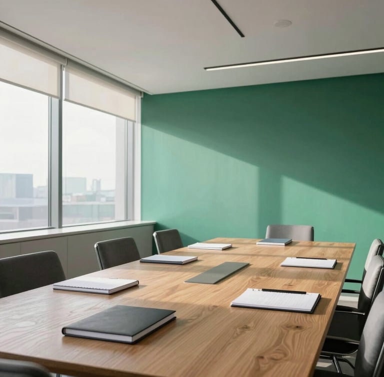 An elegant sunlit boardroom with high ceilings, a long oak table with minimalist notebooks, soft natural light coming through large windows, slate and emerald tones, 35mm
