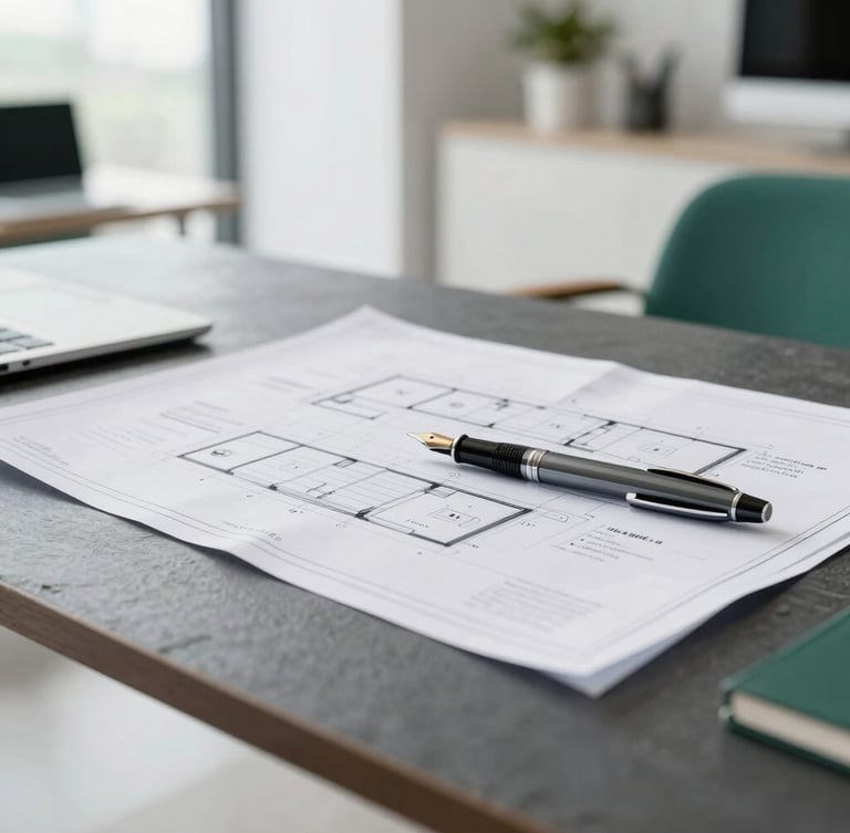 Close-up of clean architectural blueprints and a fountain pen on a slate desk, bright natural daylight, modern minimalist office, muted emerald accents, 35mm