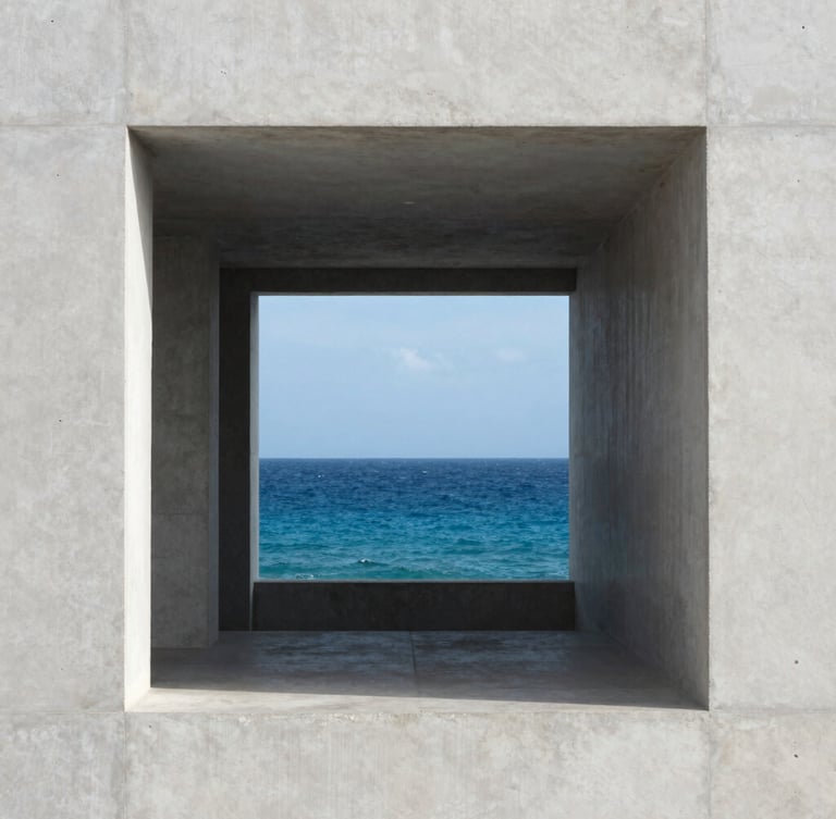 Architectural close-up of a minimalist corporate office facade in Cancún, clean concrete lines framing a deep blue ocean view, soft natural coastal light, 35mm editorial photography.