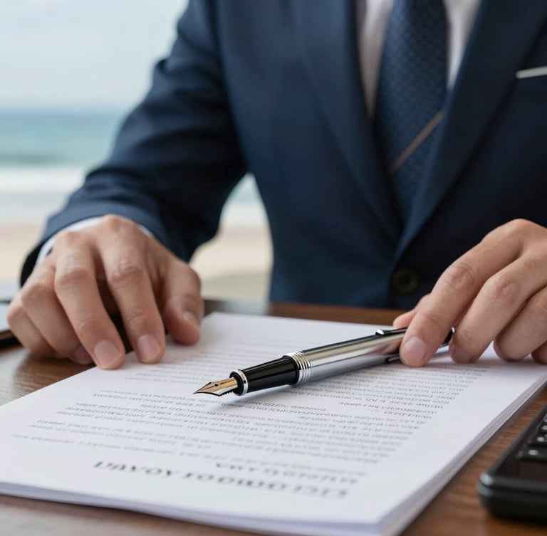 Close-up of an elegant fountain pen on heavy legal document paper, hands of a corporate lawyer in a tailored suit in the background, soft natural coastal light, editorial corporate photography.
