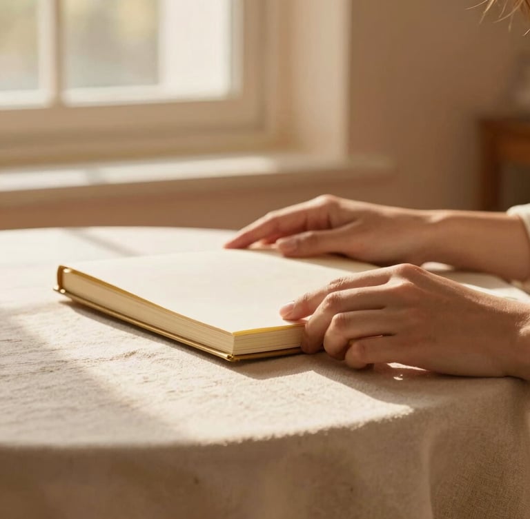 A warm close-up of a woman's hands holding a gold-rimmed journal on a linen table cloth, soft morning light streaming through a window, terracotta tones, elegant and peaceful